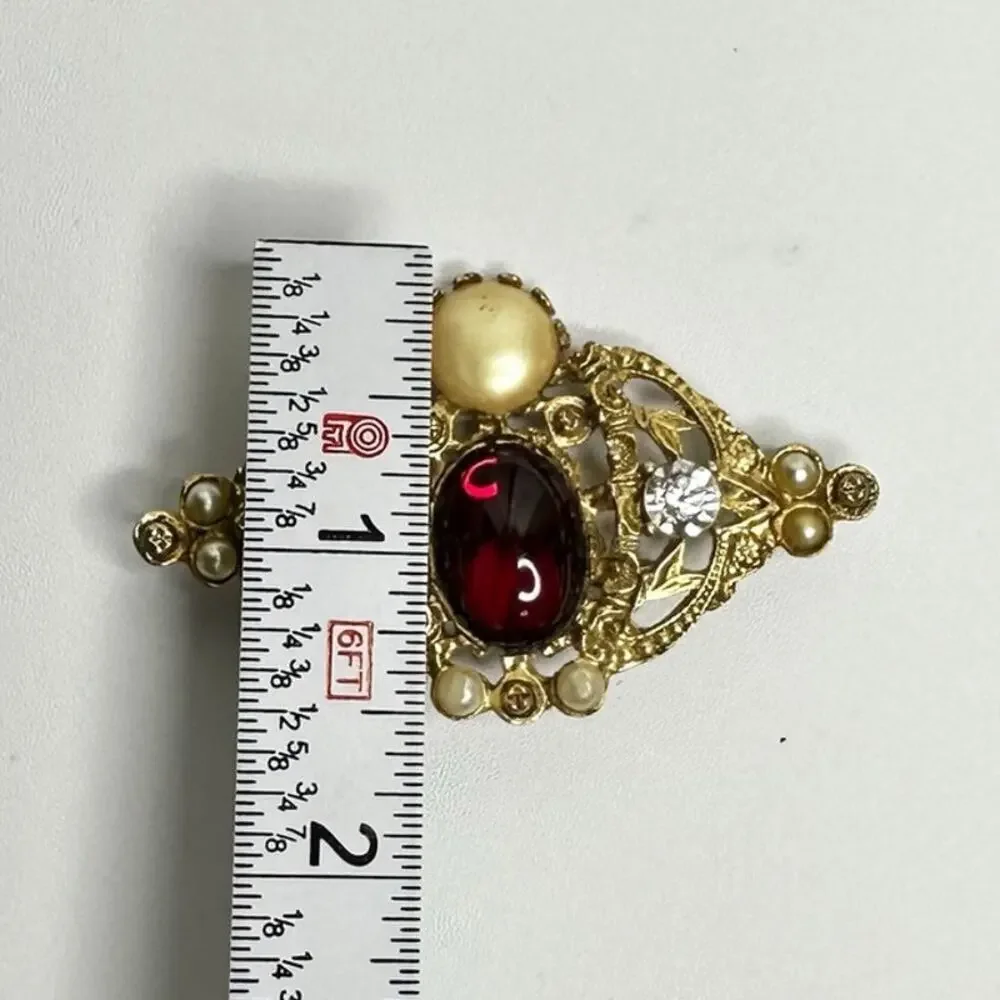 Vintage Red Gem Pearl Brooch Victorian Style Pin Gold Filigree with Crystals
